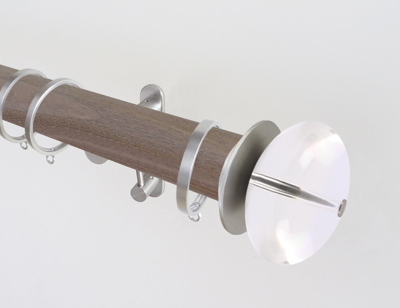 50mm dia. weathered oak stained wooden curtain pole with acrylic ball finials & brackets