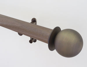 weathered oak wooden tracked pole with bronze ball finials