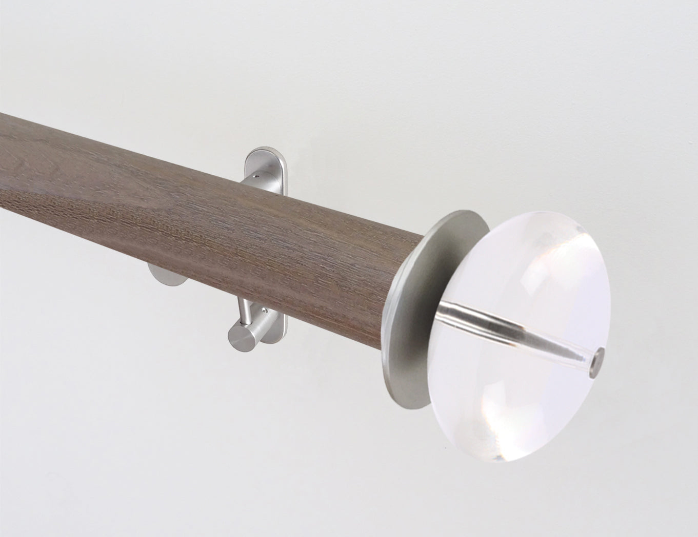 50mm dia. weathered oak stained wooden curtain pole with acrylic ball finials & brackets