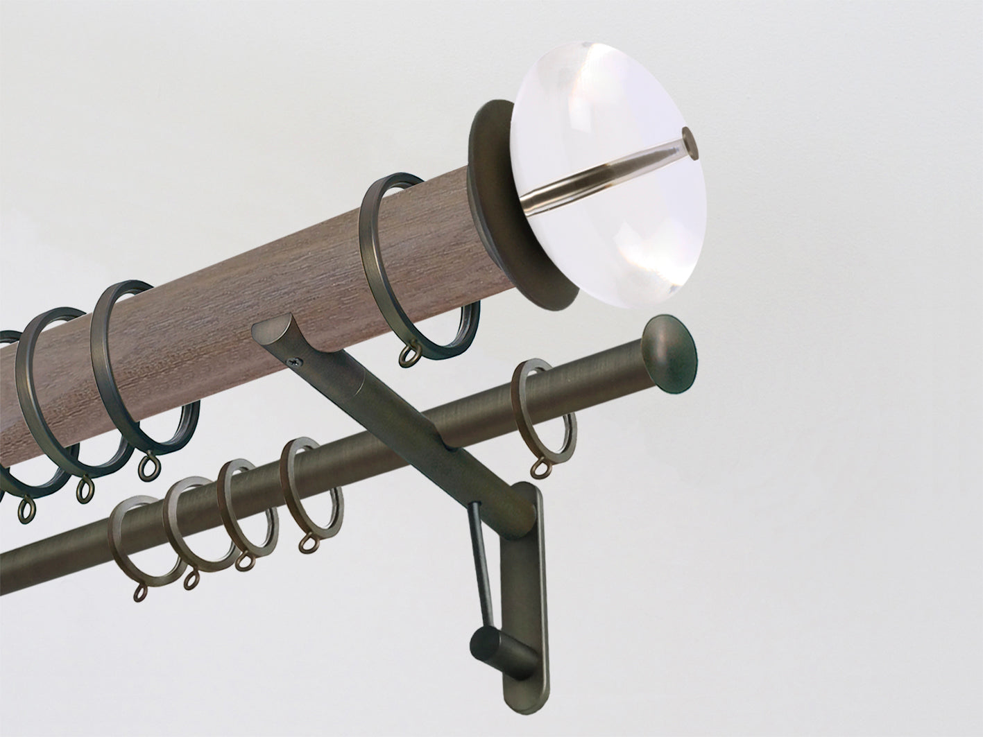 50mm dia. weathered oak stained wood double curtain pole with acrylic finials, bronze brackets