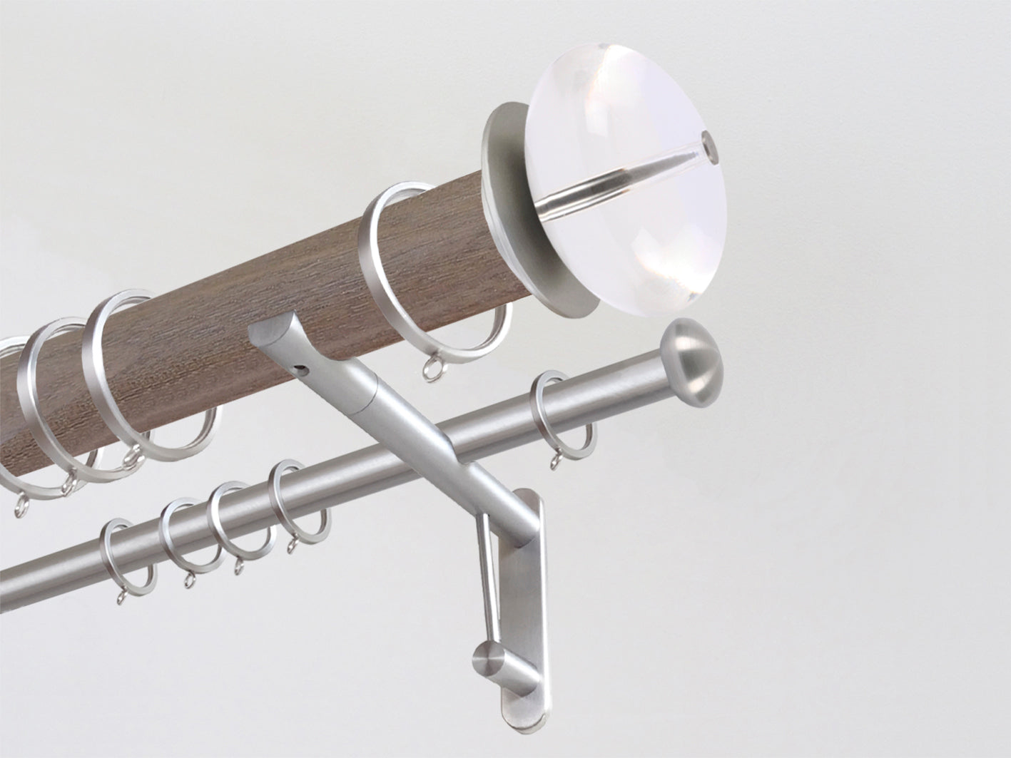 50mm dia. weathered oak stained wood double curtain pole with acrylic finials, bronze brackets