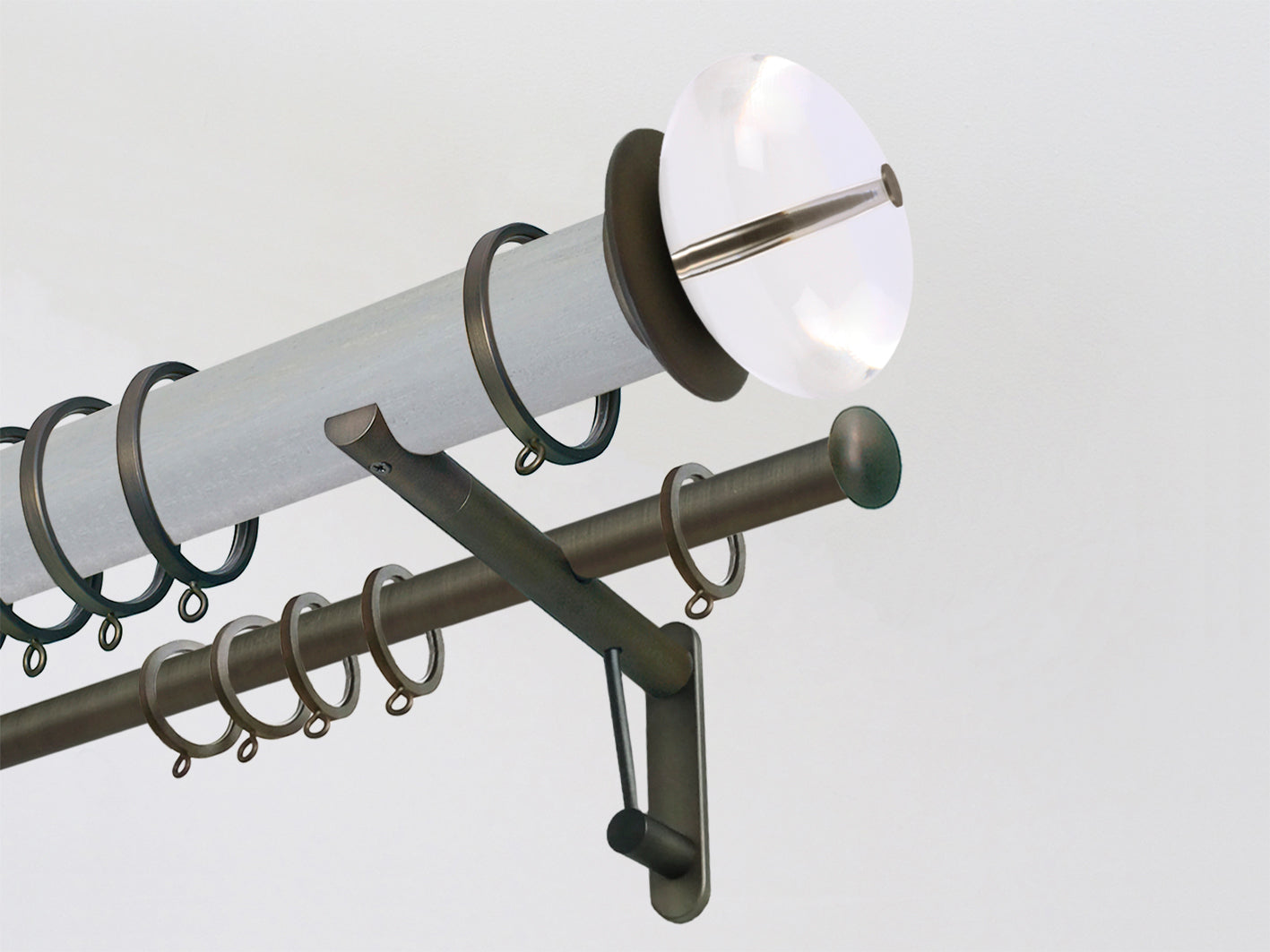 50mm dia. wood pigeon stained wood double curtain pole, steel brackets for voile curtains