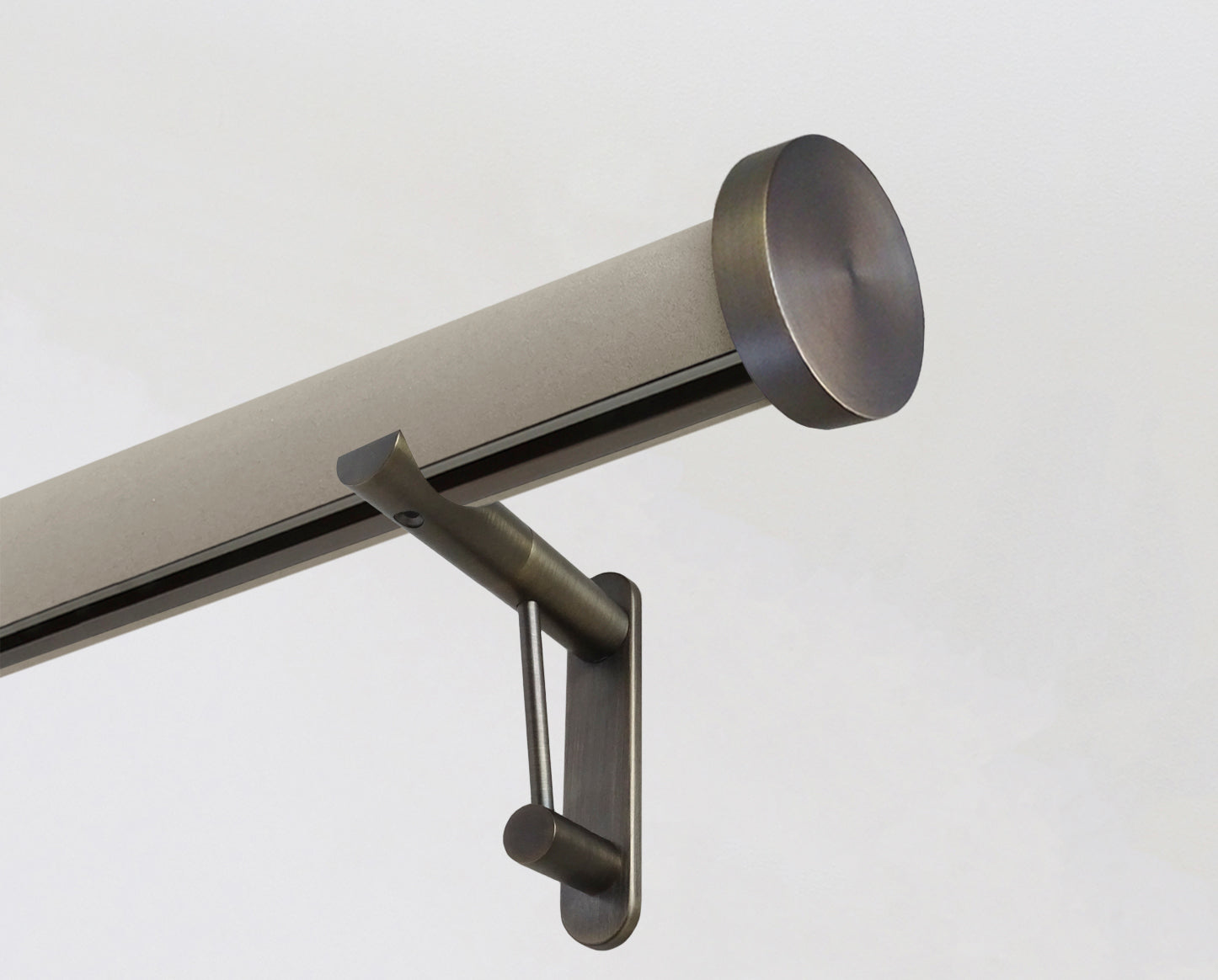 wrapped & tracked curtain pole set in suede textured "fawn" by Walcot House