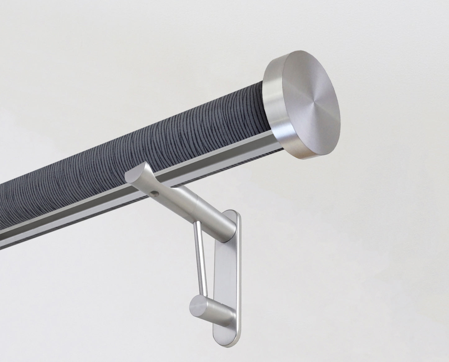 wrapped & tracked curtain pole set in dark blue strata "flint" by Walcot House