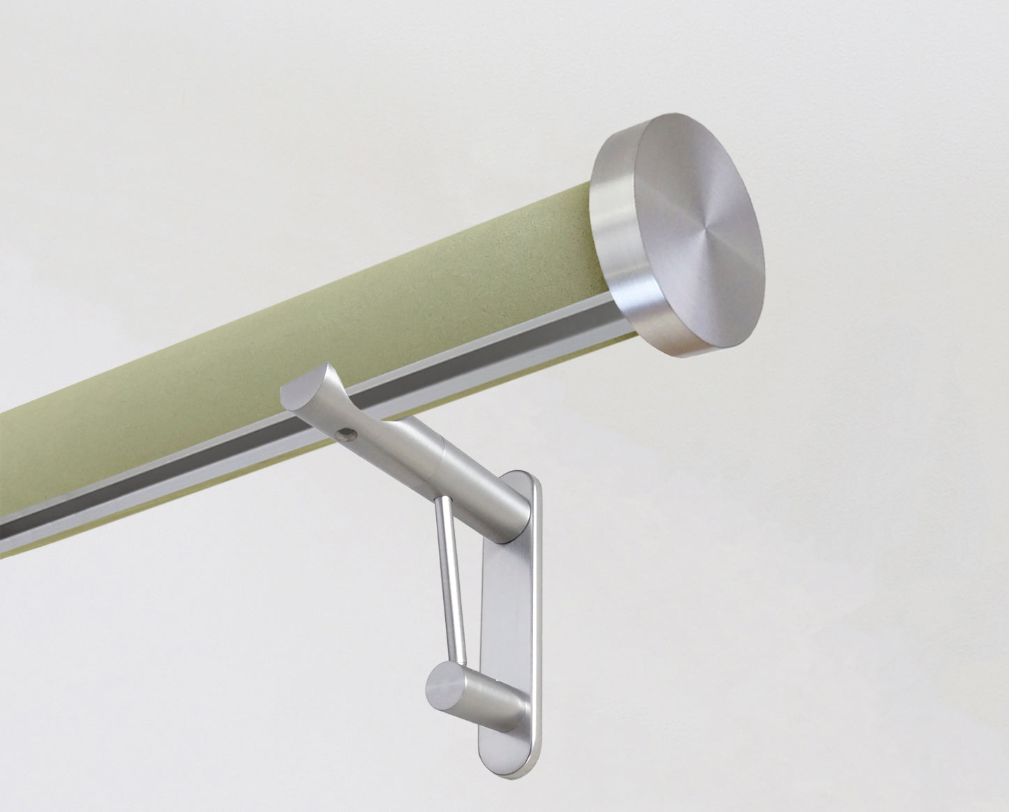 wrapped & tracked curtain pole set in green suede "new acorn" by Walcot House