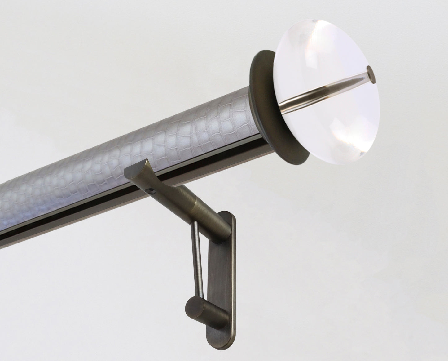 50mm diameter wrapped and tracked rose pewter pole with acrylic ellipse finials