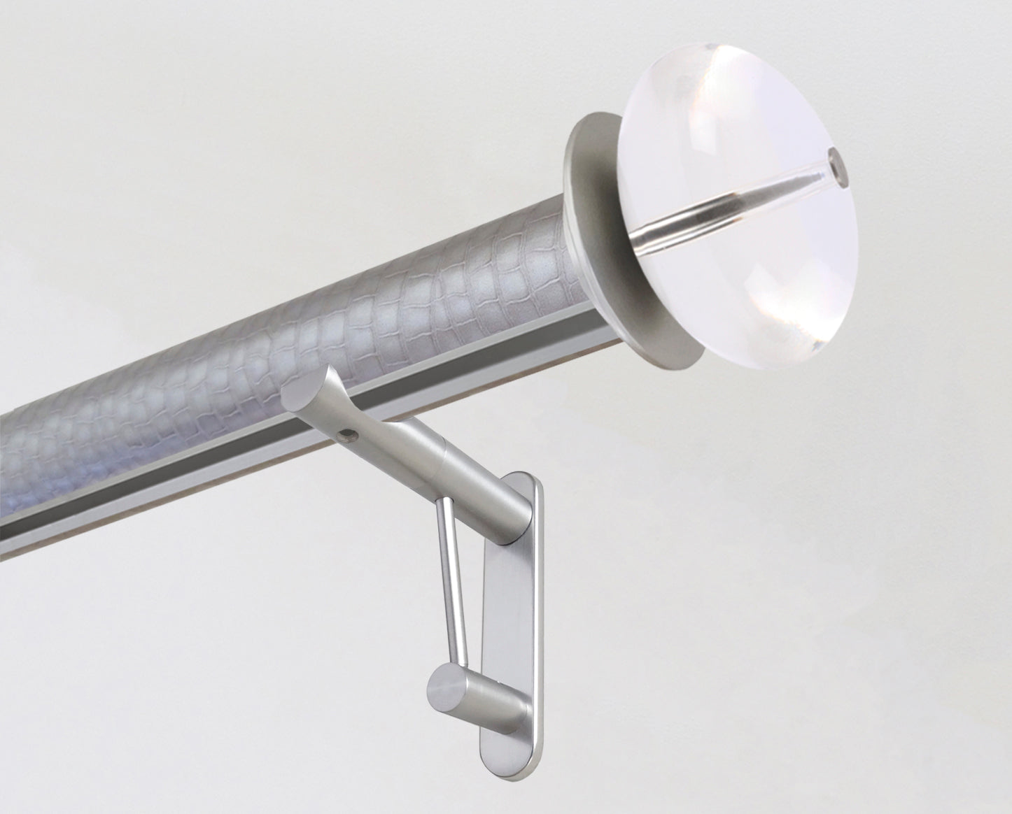 50mm diameter wrapped and tracked rose pewter pole with acrylic ellipse finials