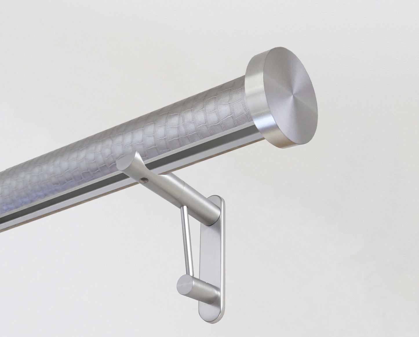 50mm diameter wrapped and tracked rose pewter pole with steel mini disc finials