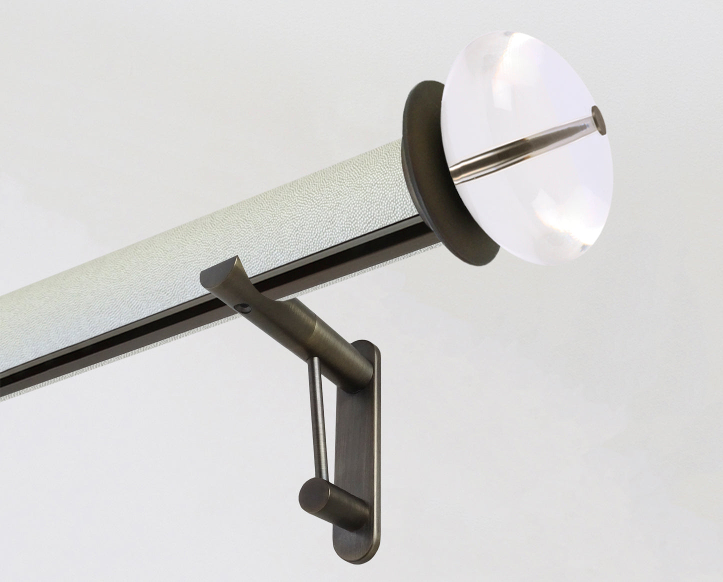 50mm diameter wrapped and tracked white pepper curtain pole with acrylic finials