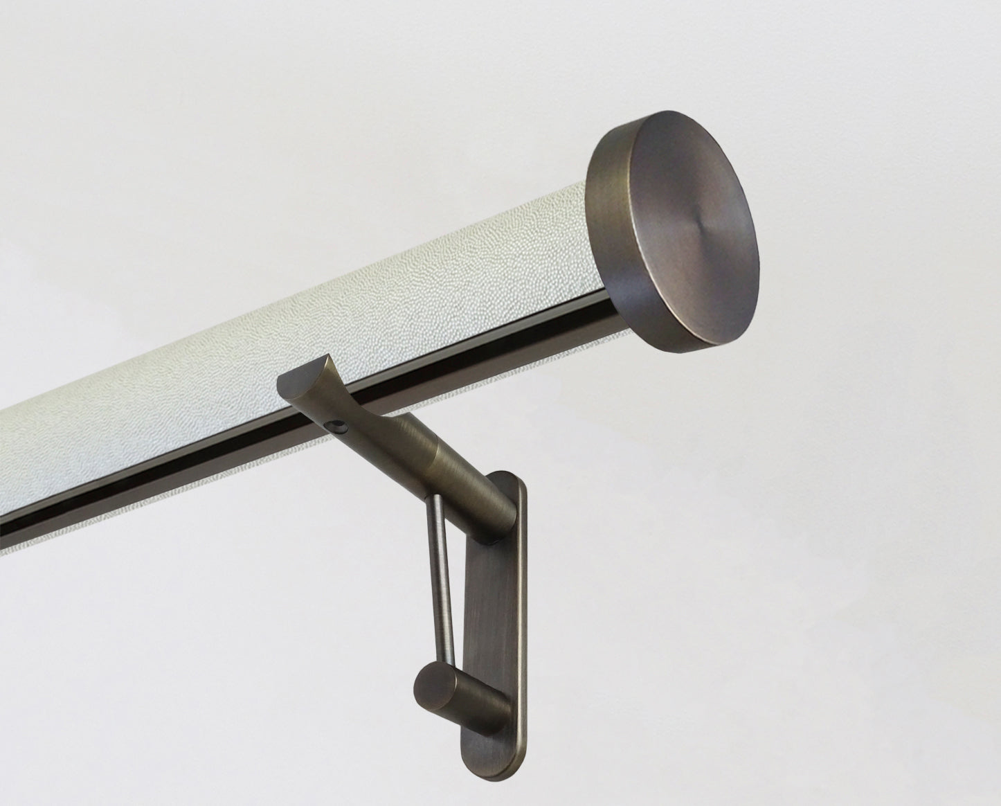 50mm diameter wrapped and tracked white pepper curtain pole with steel mini disc finials