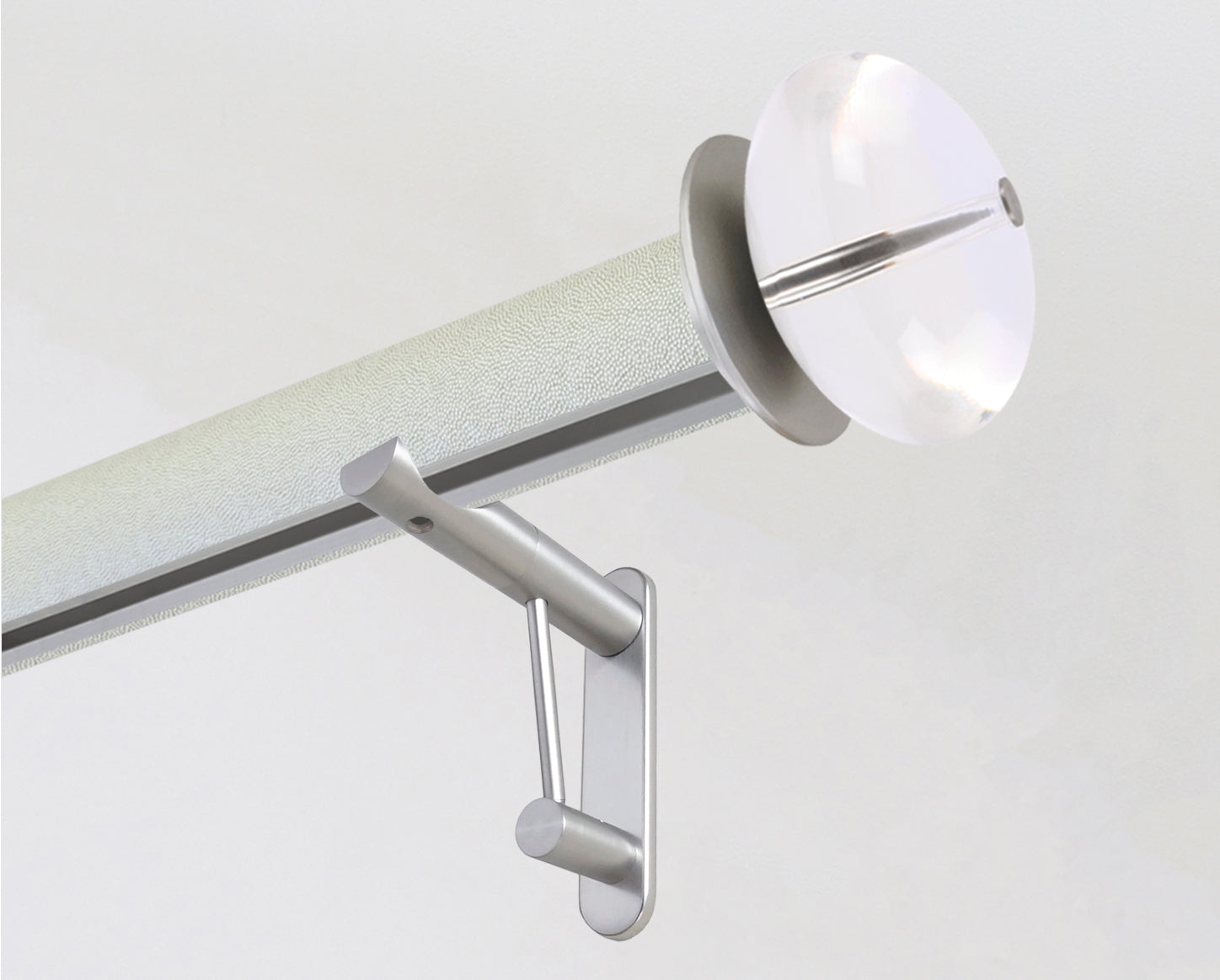 50mm diameter wrapped and tracked white pepper curtain pole with acrylic finials