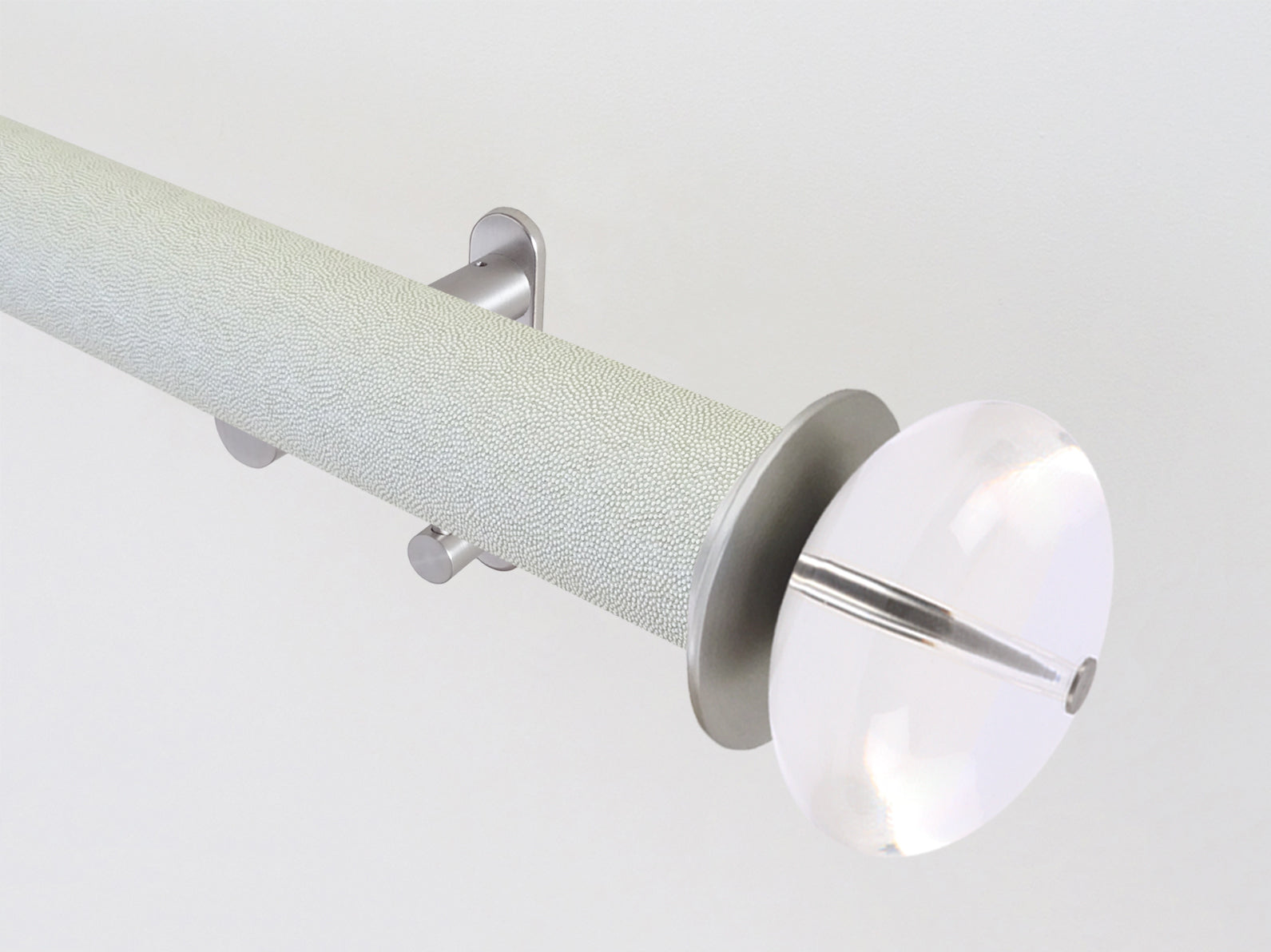 50mm diameter wrapped and tracked white pepper curtain pole with acrylic finials