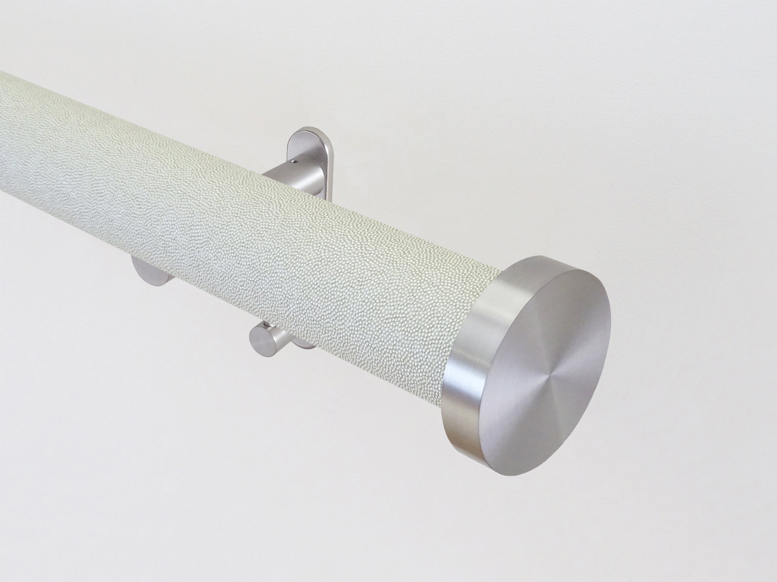 50mm diameter wrapped and tracked white pepper curtain pole with steel mini disc finials