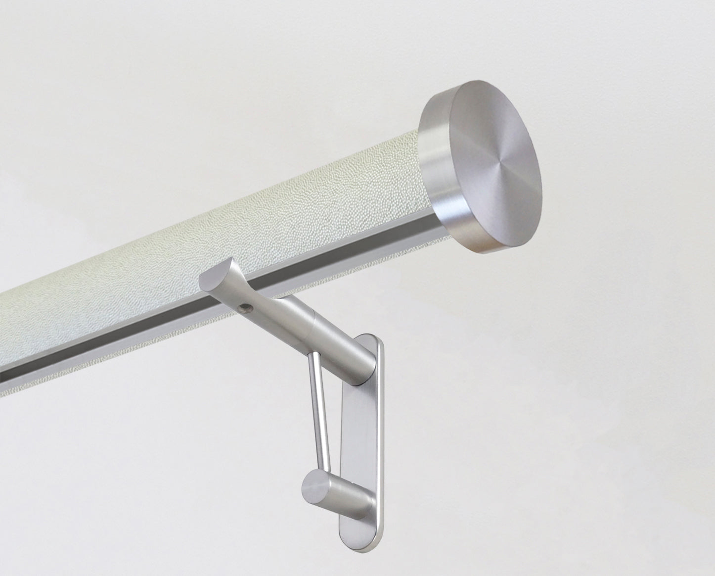 50mm diameter wrapped and tracked white pepper curtain pole with steel mini disc finials