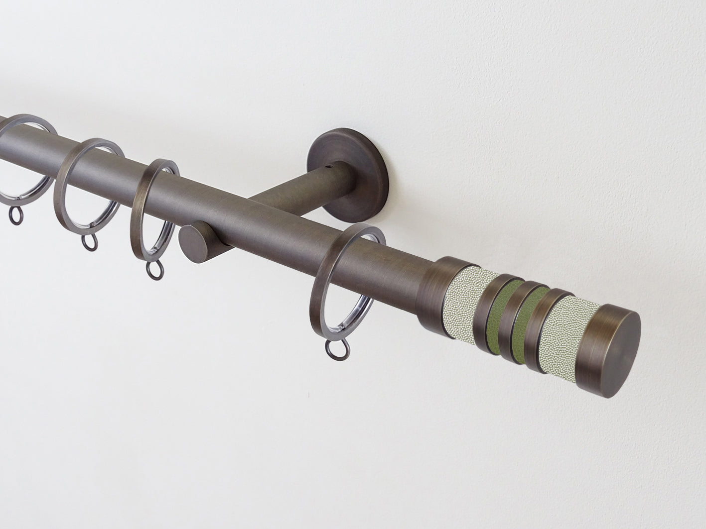 antique brass/brushed bronze curtain pole set with bespoke coloured finials