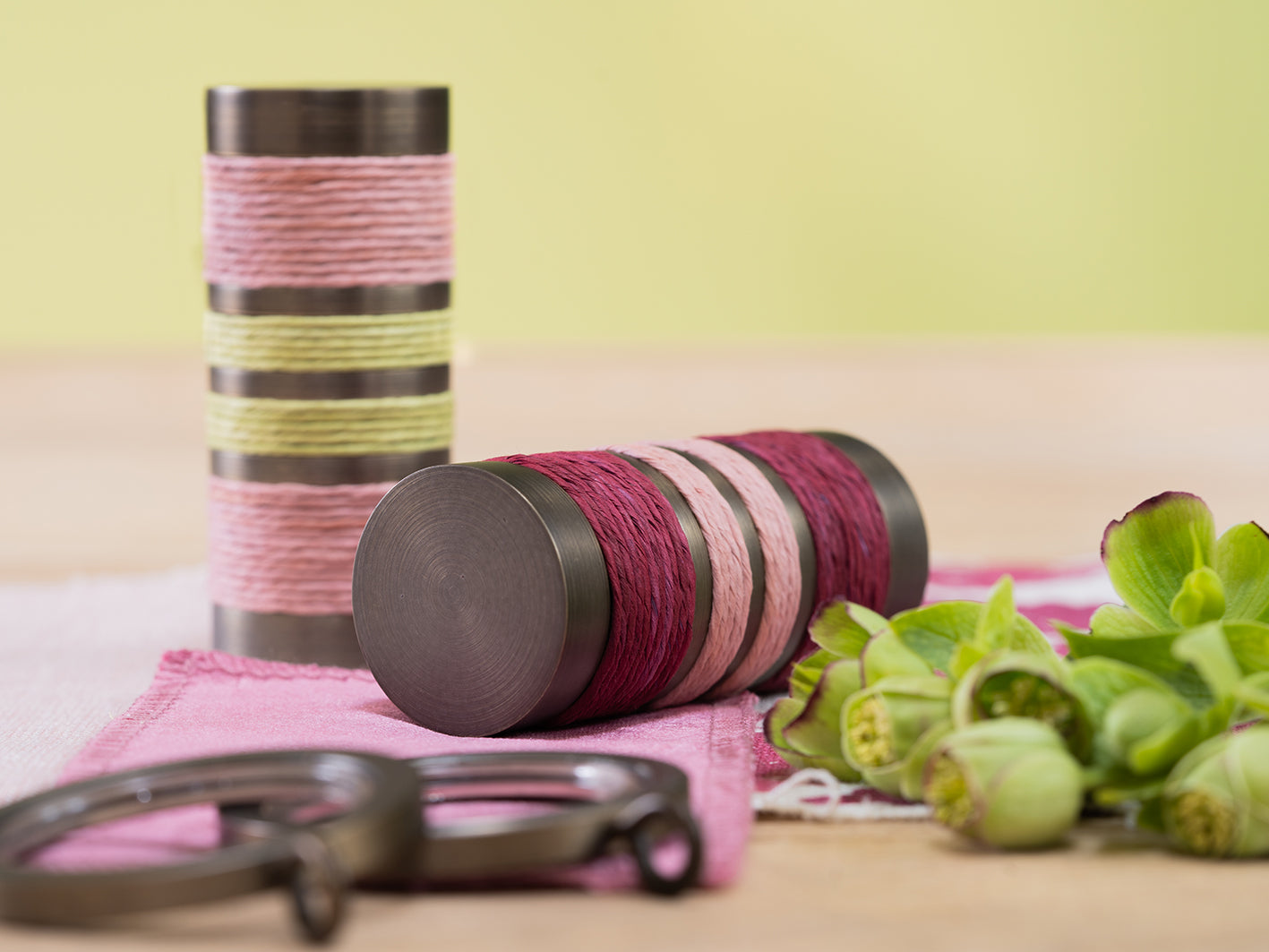 Antique brass double curtain pole with bespoke bobbin finials | Walcot House