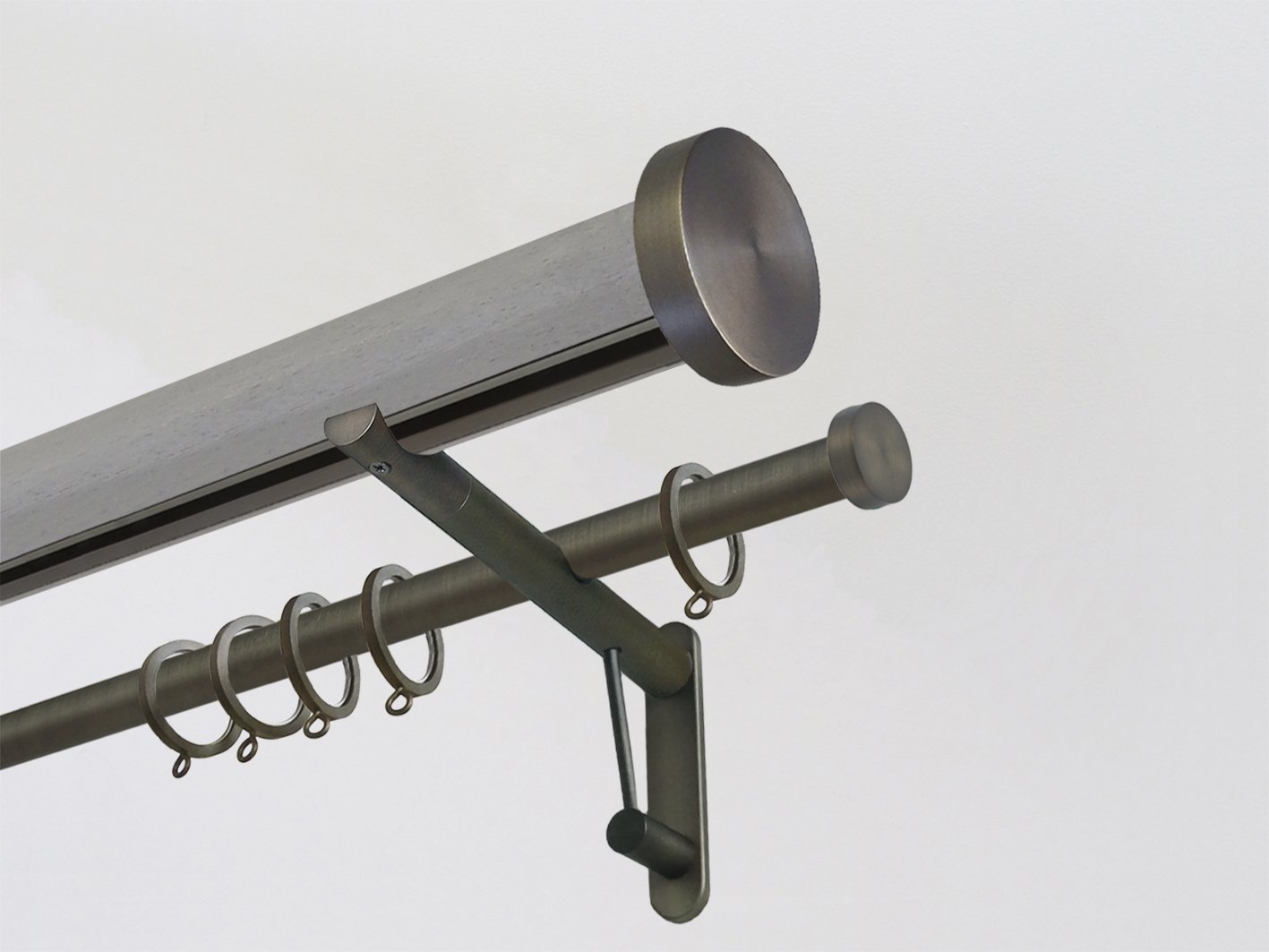 Mouse stained wooden tracked double curtain pole with brushed bronze mini disc finials