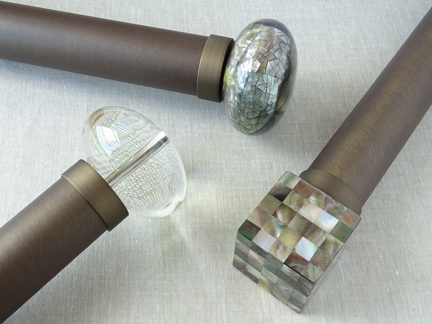 50mm diameter brushed bronze curtain pole with acrylic ellipse finials, antique brass curtain pole, traditional, classic, modern