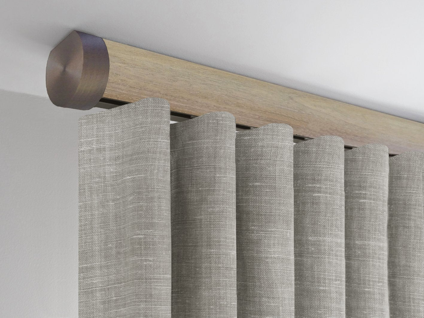 Walcot House | Ceiling fixed curtain pole in cotswold oak with bronze finials - 50mm