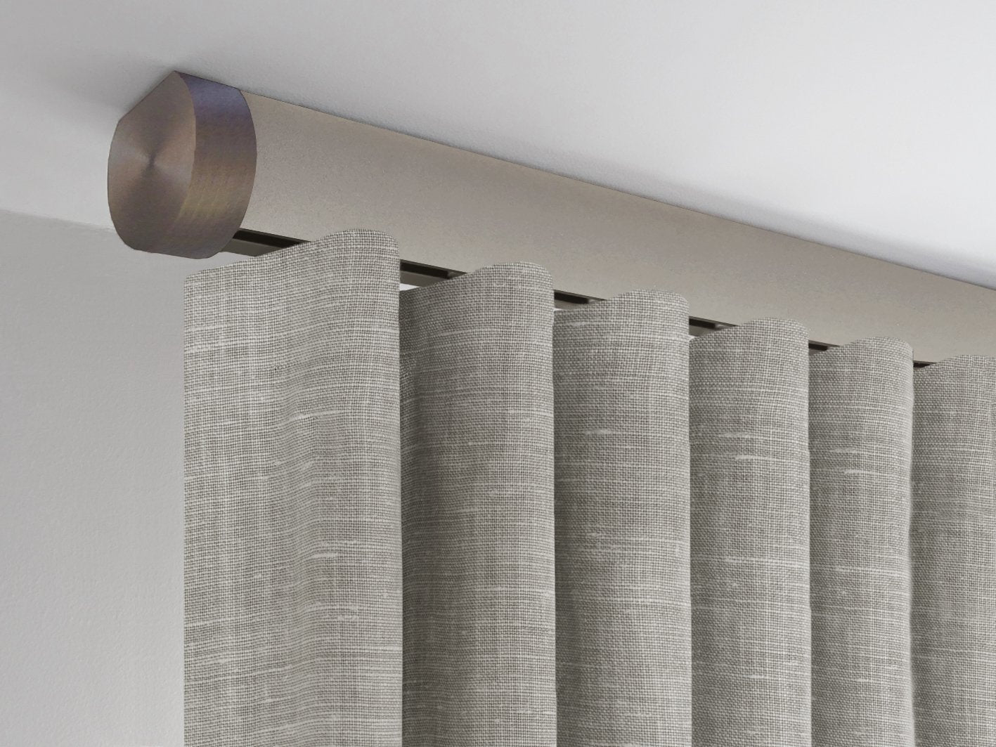 Flush ceiling fix curtain pole in fawn beige by Walcot House