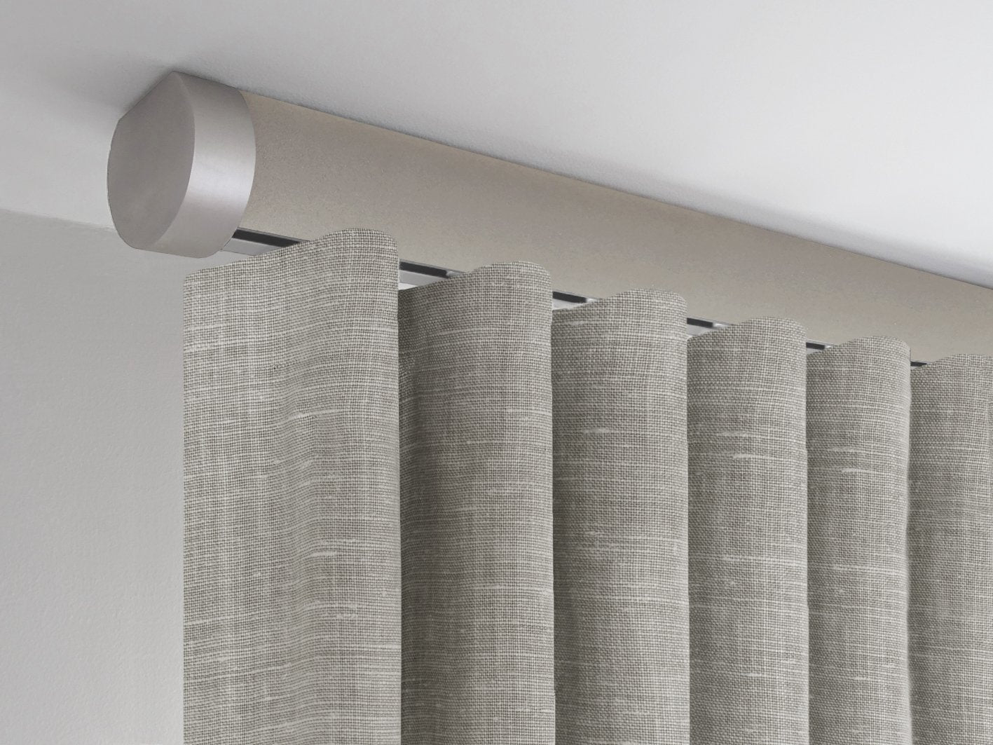 Flush ceiling fix curtain pole in fawn beige by Walcot House