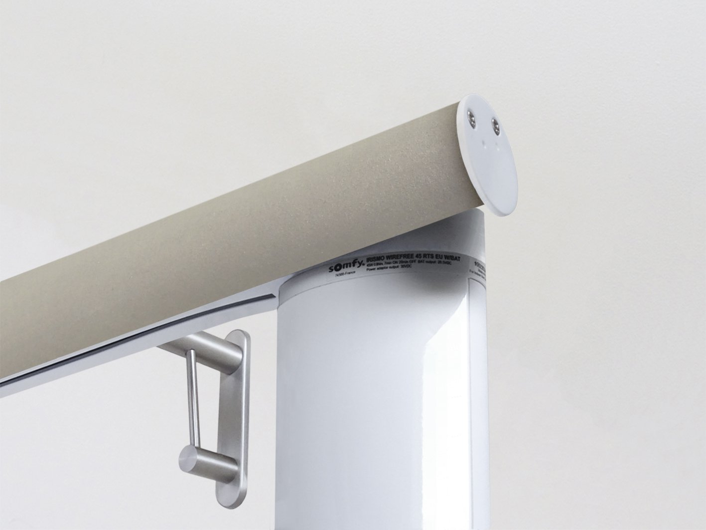 Motorised electric curtain pole in fawn beige suede, wireless & battery powered using the Somfy Glydea track | Walcot House UK curtain pole specialists