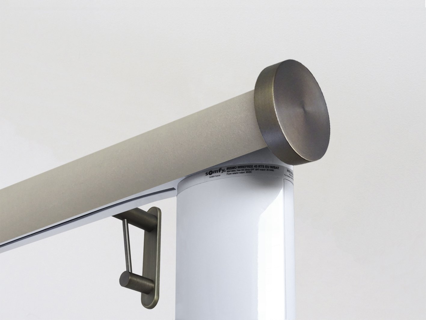 Motorised electric curtain pole in fawn beige suede, wireless & battery powered using the Somfy Glydea track | Walcot House UK curtain pole specialists