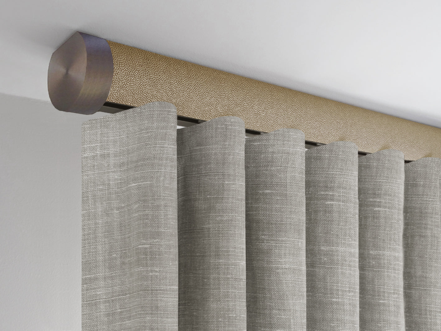 Flush ceiling fix curtain pole in honeycomb gold by Walcot House