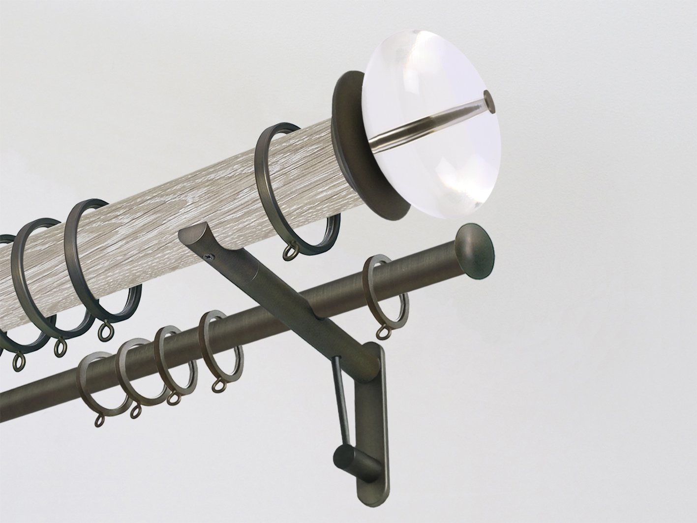 Real solid limed oak double curtain pole set in 50mm diameter with acrylic finials | Walcot House UK