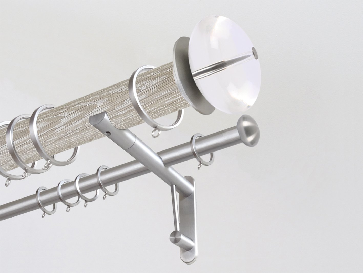 Real solid limed oak double curtain pole set in 50mm diameter with acrylic finials | Walcot House UK