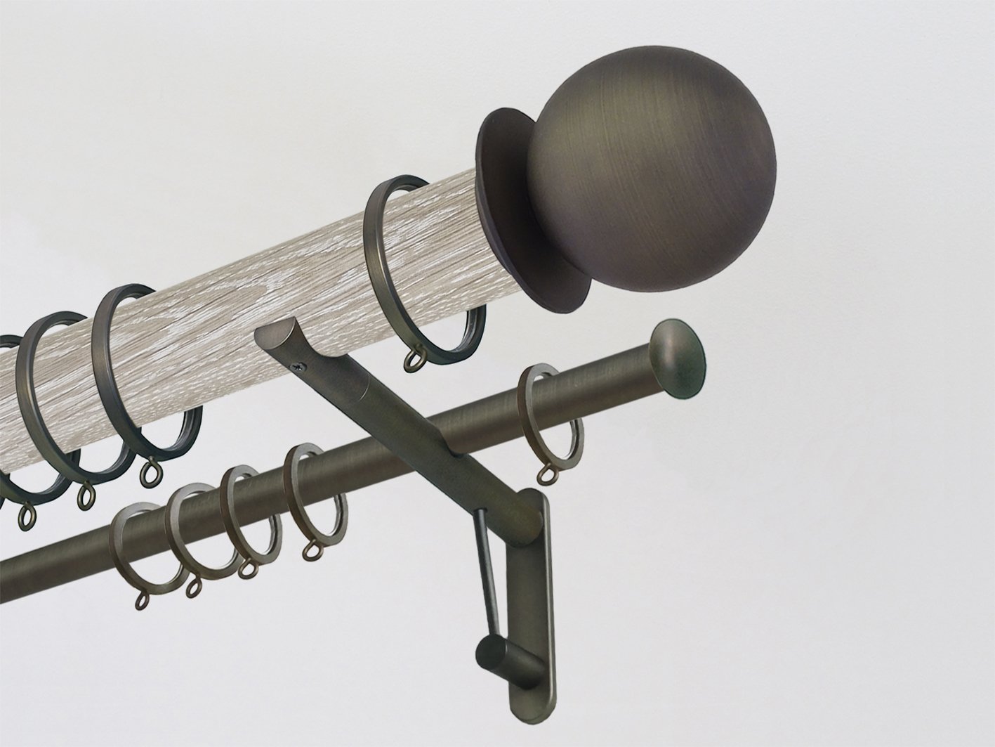 Real solid limed oak double curtain pole set in 50mm diameter with ball finials | Walcot House UK