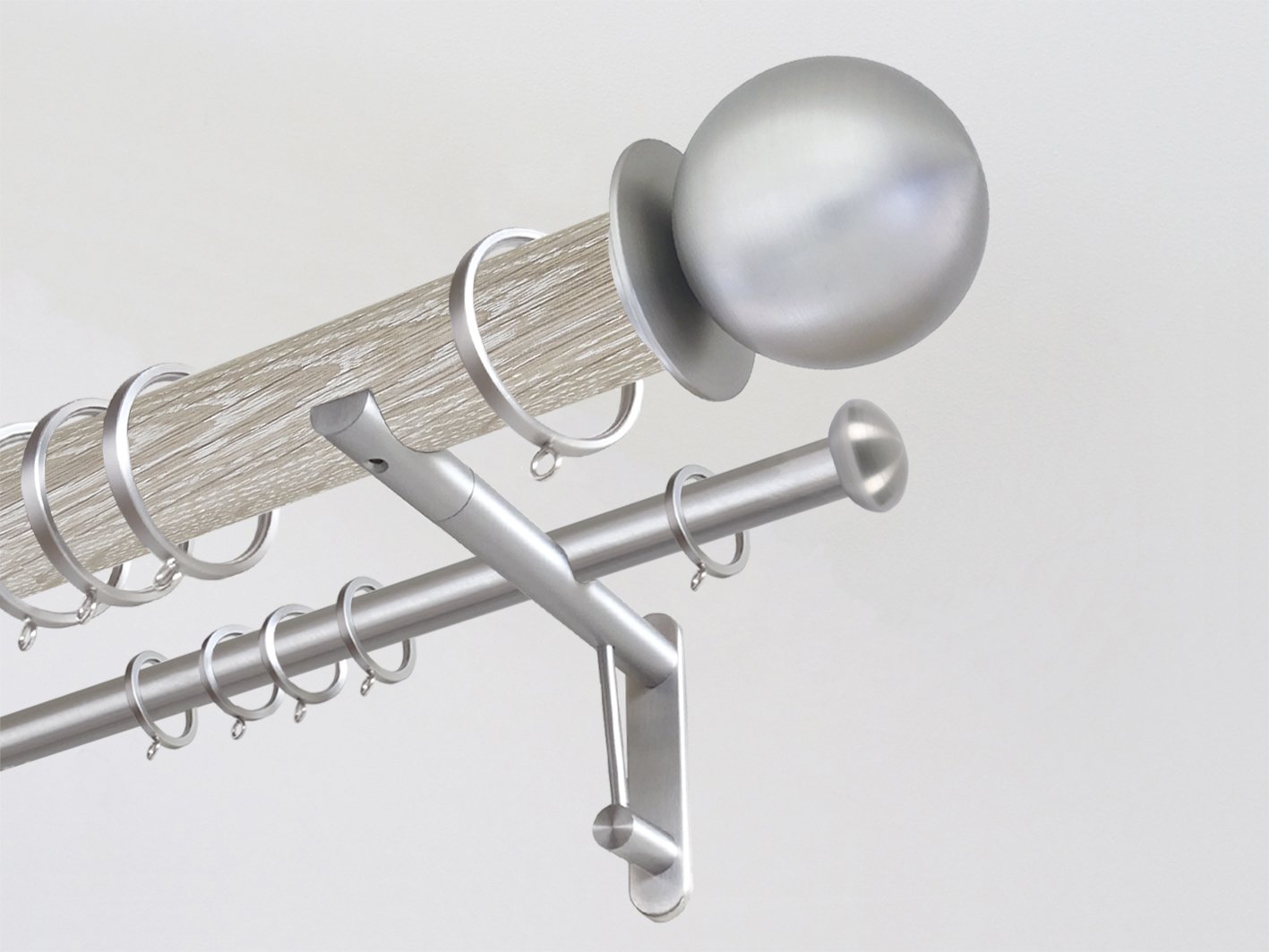 Real solid limed oak double curtain pole set in 50mm diameter with ball finials | Walcot House UK