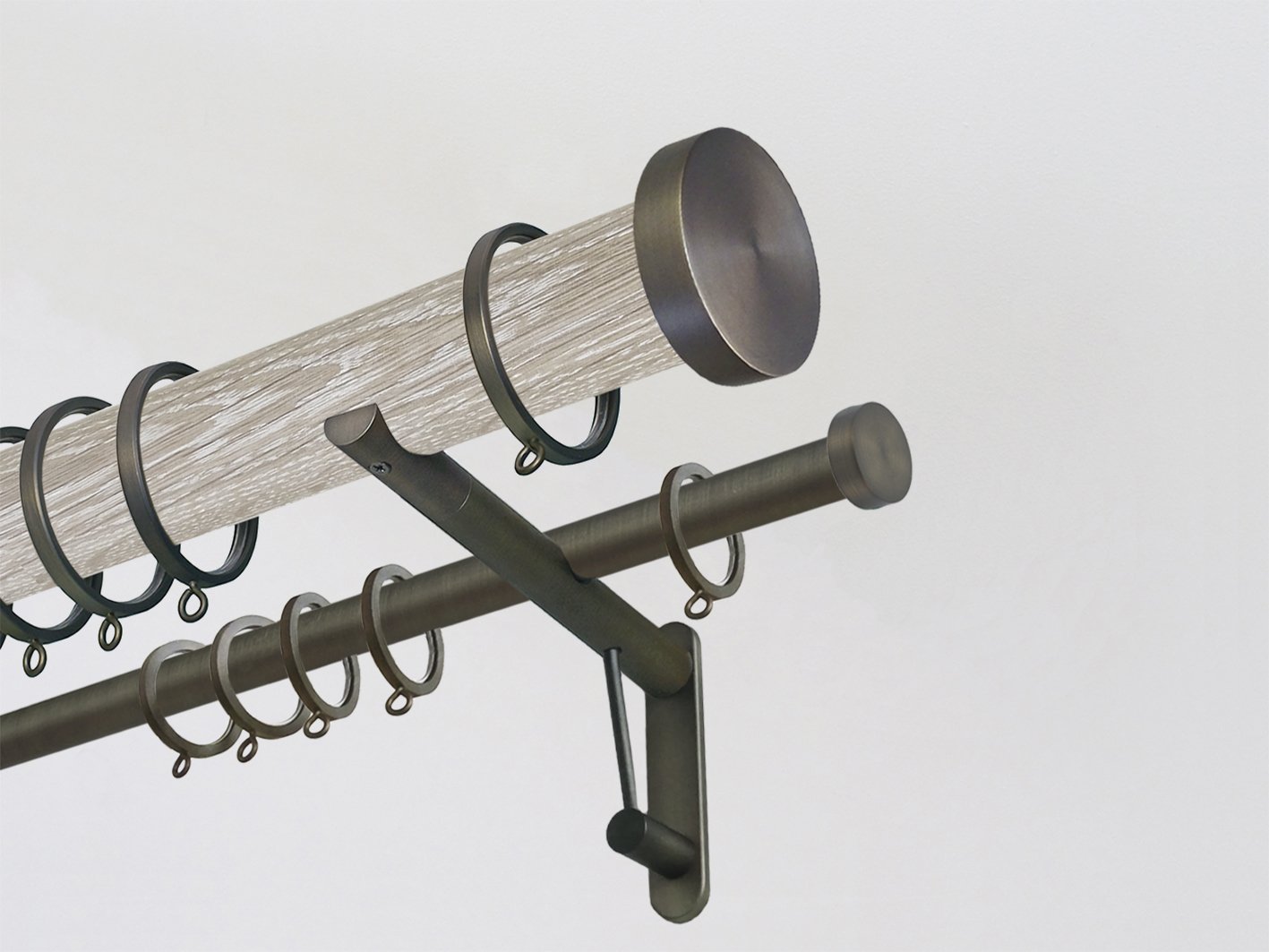 Real solid limed oak double curtain pole set in 50mm diameter with stainless steel mini disc finials | Walcot House UK