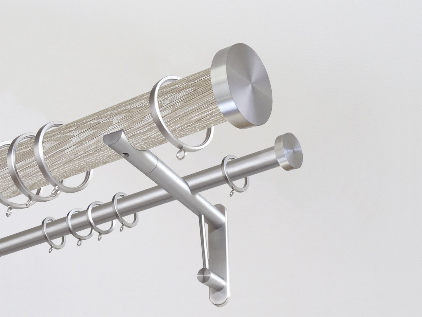 Real solid limed oak double curtain pole set in 50mm diameter with stainless steel mini disc finials | Walcot House UK