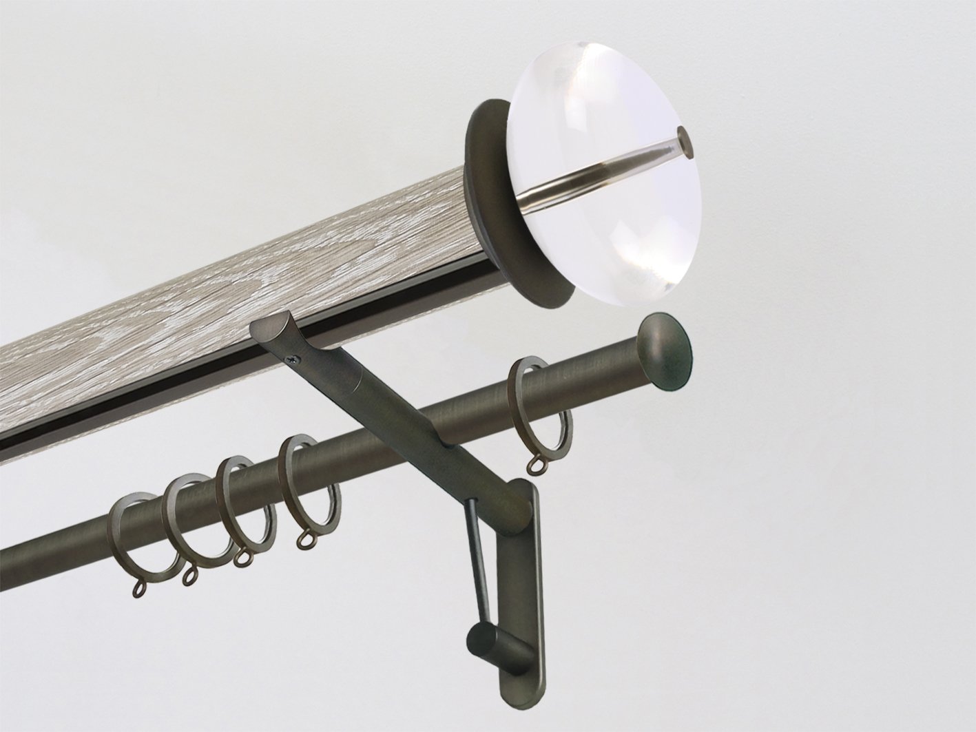 Real solid limed oak double curtain pole set with integrated track in 50mm diameter with acrylic finials | Walcot House UK