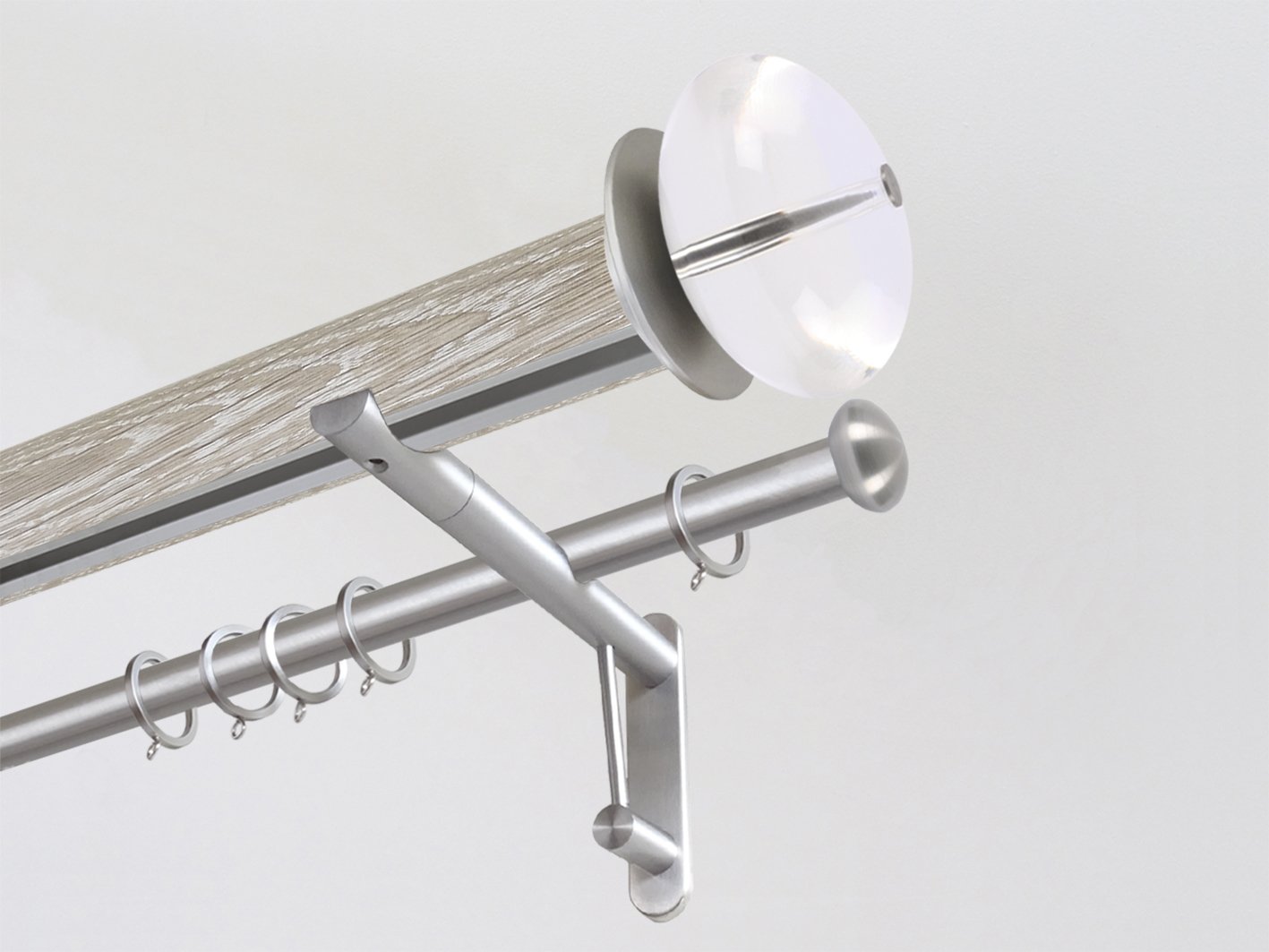 Real solid limed oak double curtain pole set with integrated track in 50mm diameter with acrylic finials | Walcot House UK