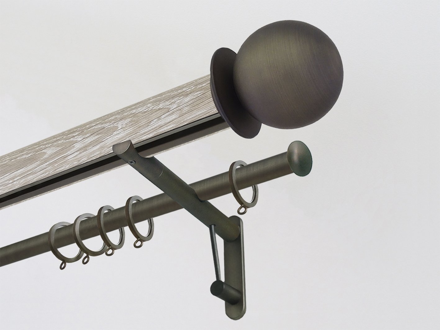 Real solid limed oak double curtain pole set with integrated track in 50mm diameter with bronze ball finials | Walcot House UK