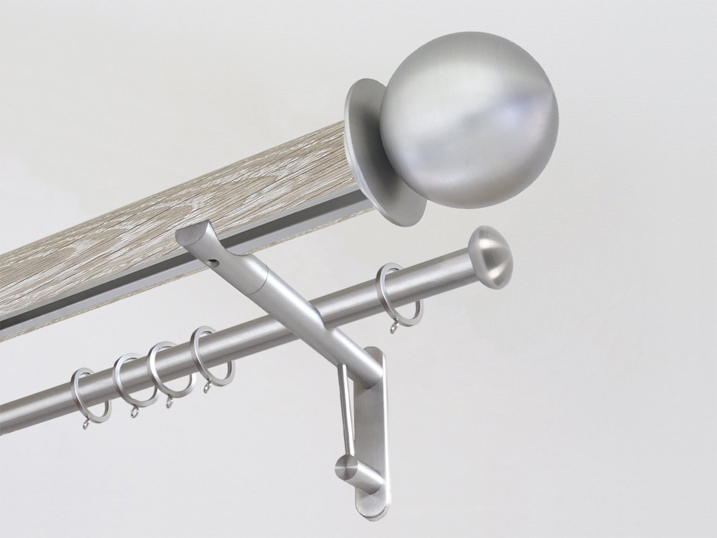 Real solid limed oak double curtain pole set with integrated track in 50mm diameter with bronze ball finials | Walcot House UK