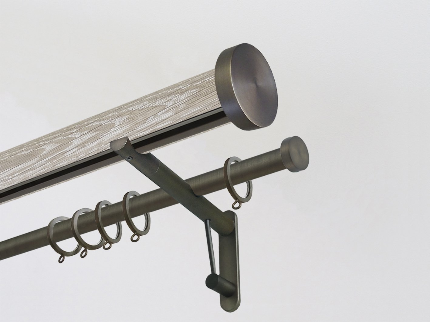 Real solid limed oak double curtain pole set with integrated track in 50mm diameter with stainless steel mini disc finials | Walcot House UK