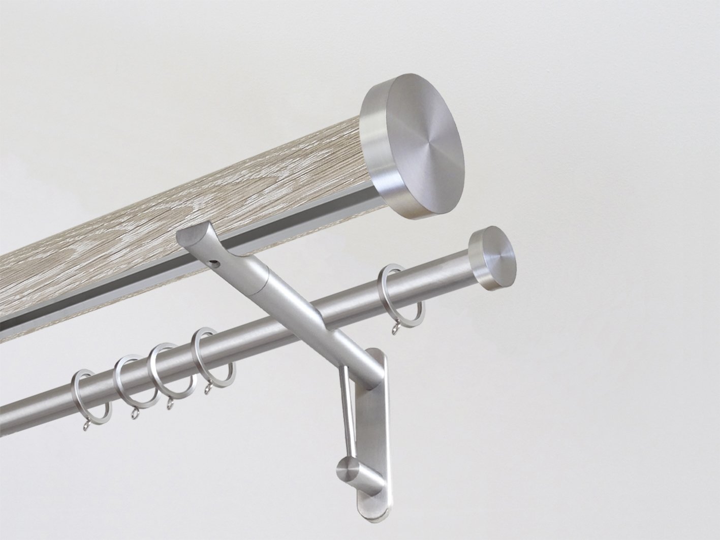 Real solid limed oak double curtain pole set with integrated track in 50mm diameter with stainless steel mini disc finials | Walcot House UK