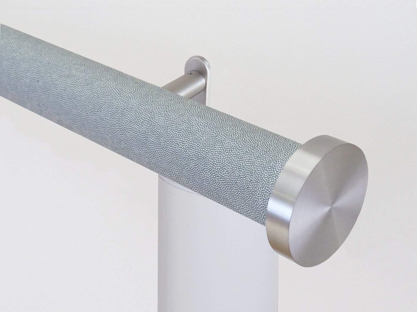 Motorised electric curtain pole in moonlight blue, wireless & battery powered using the Somfy Glydea track | Walcot House UK curtain pole specialists