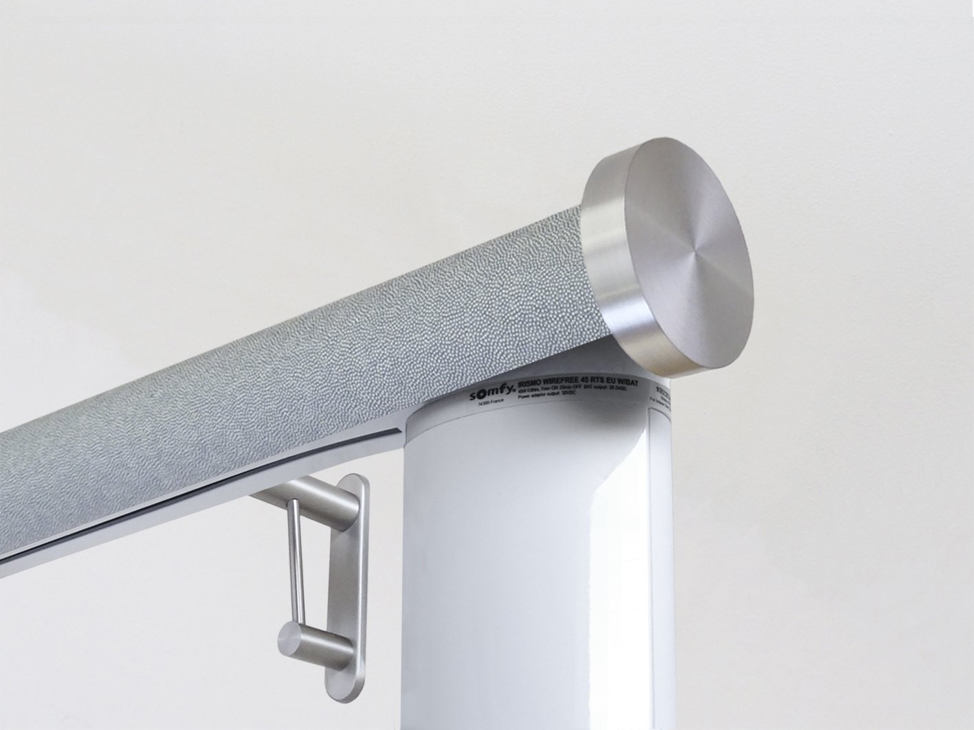 Motorised electric curtain pole in moonlight blue-grey, wireless & battery powered using the Somfy Glydea track | Walcot House UK curtain pole specialists