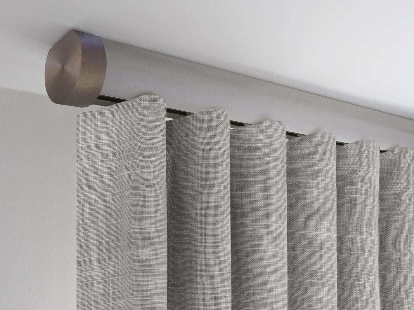 Flush ceiling fix tracked curtain pole in Mouse stained wood by Walcot House