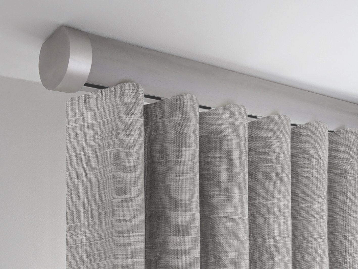 Flush ceiling fix tracked curtain pole in Mouse stained wood by Walcot House