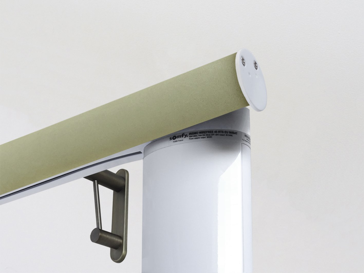 Motorised electric curtain pole in new acorn green, wireless & battery powered using the Somfy Glydea track | Walcot House UK curtain pole specialists