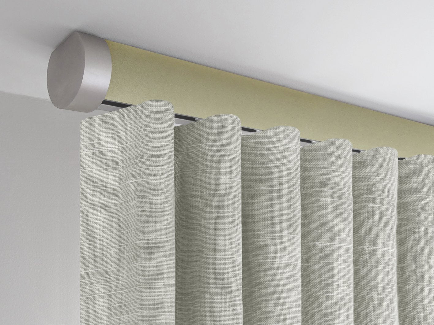 Flush ceiling fix curtain pole in green new acorn by Walcot House