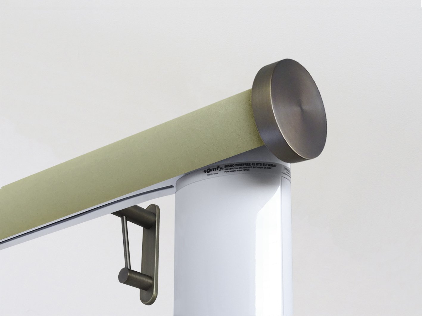 Motorised electric curtain pole in new acorn green suede, wireless & battery powered using the Somfy Glydea track | Walcot House UK curtain pole specialists