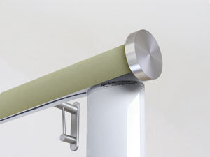 Motorised electric curtain pole in new acorn green suede, wireless & battery powered using the Somfy Glydea track | Walcot House UK curtain pole specialists
