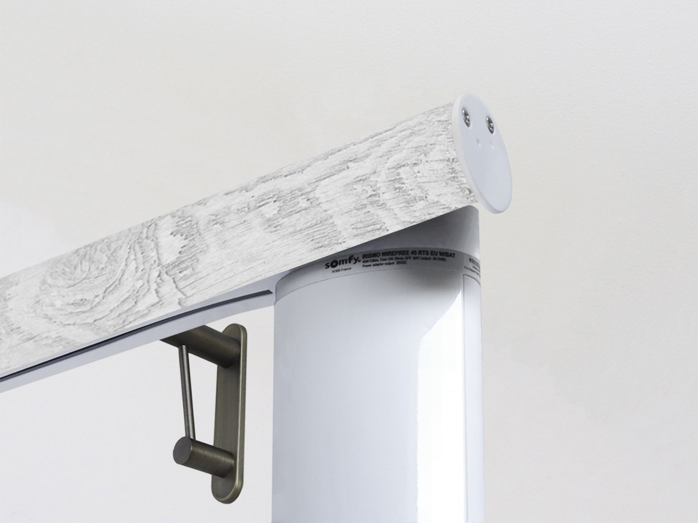 Motorised electric curtain pole in nordic white driftwood, wireless & battery powered using the Somfy Glydea track | Walcot House UK curtain pole specialists