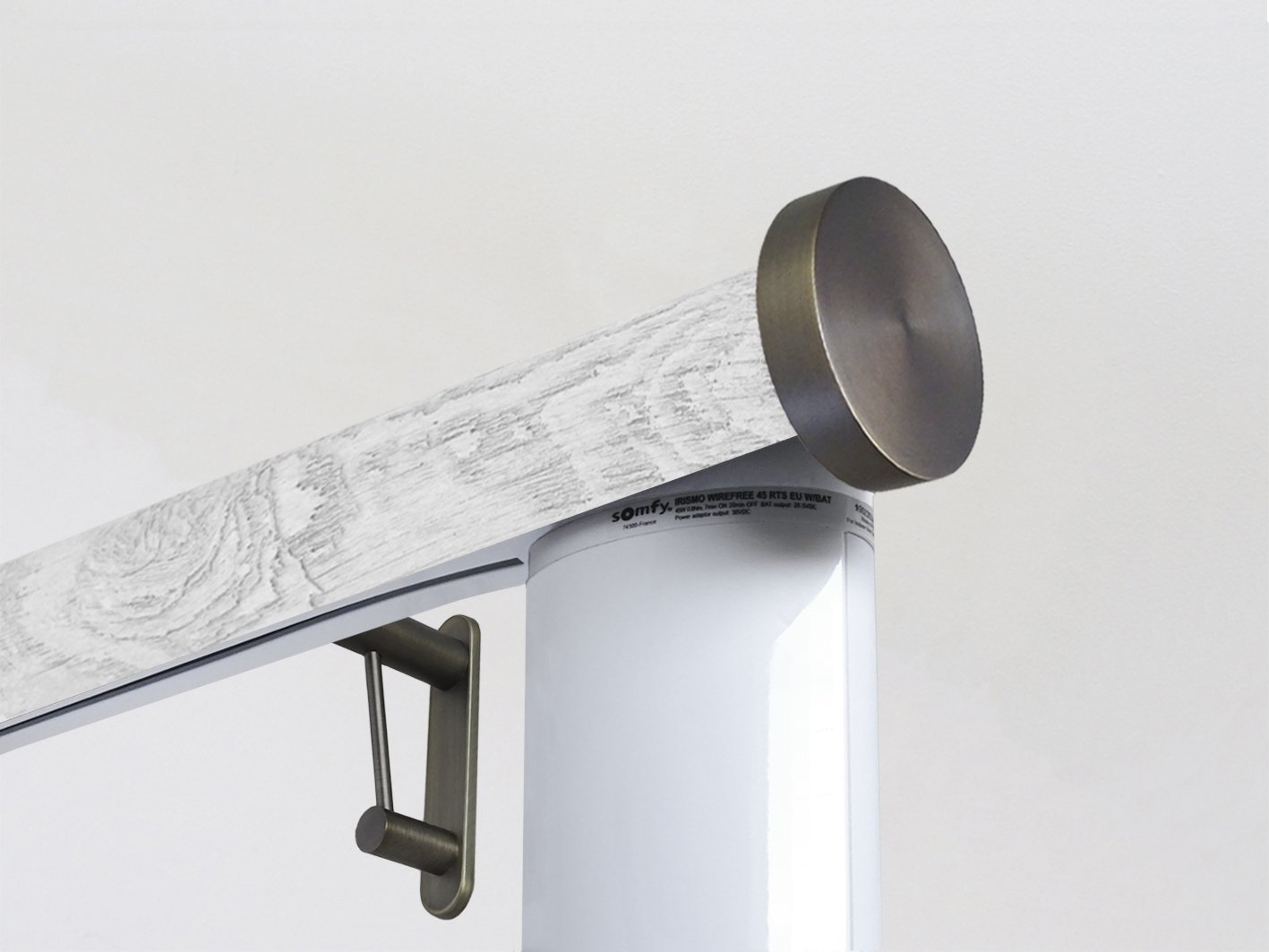 Motorised electric curtain pole in nordic white driftwood, wireless & battery powered using the Somfy Glydea track | Walcot House UK curtain pole specialists